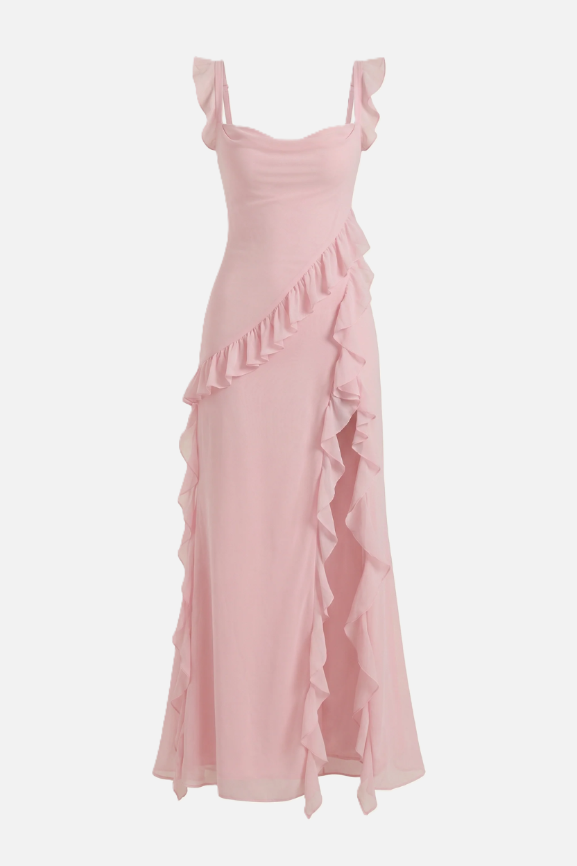 Sleeveless Ruffle Trim Maxi Dress with Front Slit