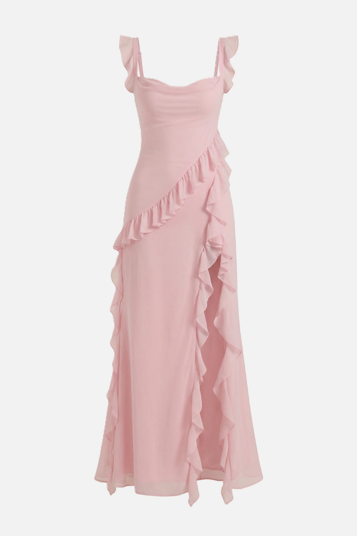 Sleeveless Ruffle Trim Maxi Dress with Front Slit