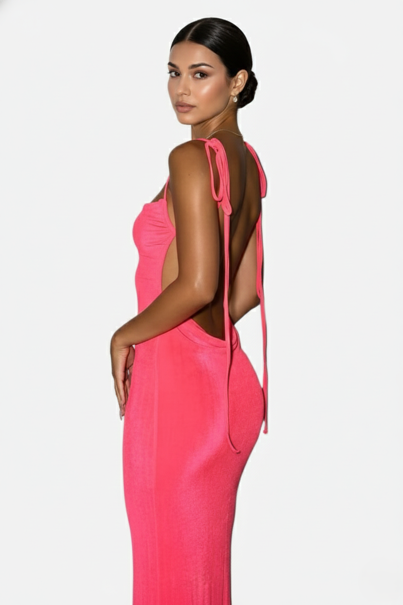 Spaghetti Strap Backless Maxi Dress Long Tie Back