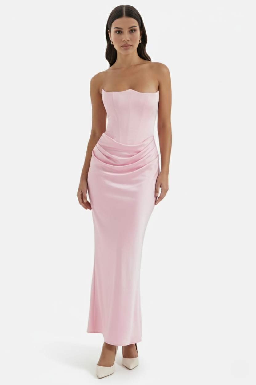 Strapless Corset Maxi Dress Structured Bodice Draped Detail