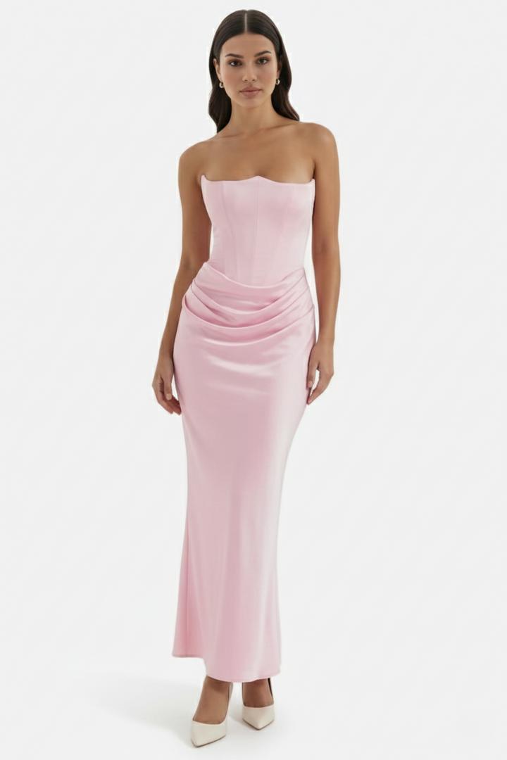 Strapless Corset Maxi Dress Structured Bodice Draped Detail