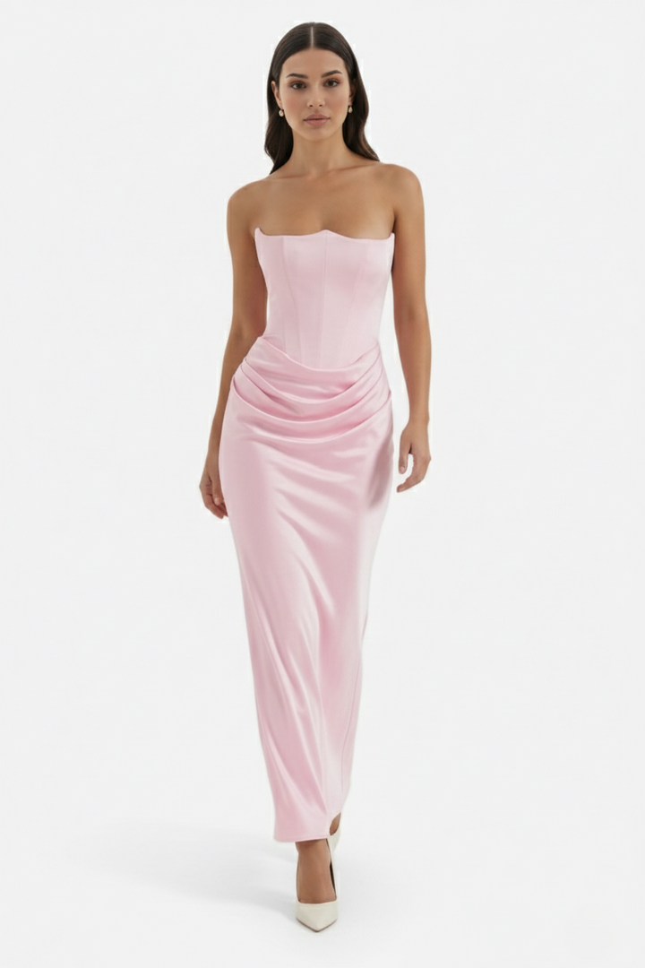 Strapless Corset Maxi Dress Structured Bodice Draped Detail