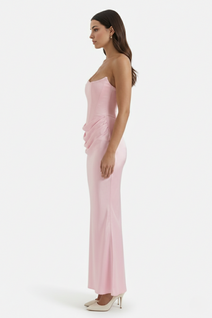 Strapless Corset Maxi Dress Structured Bodice Draped Detail