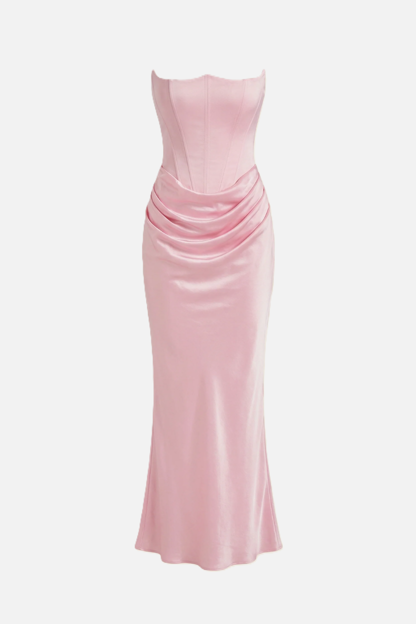 Strapless Corset Maxi Dress Structured Bodice Draped Detail