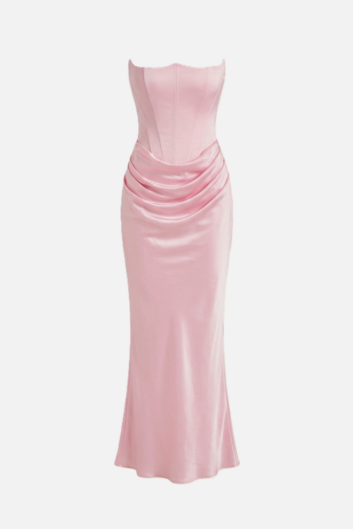 Strapless Corset Maxi Dress Structured Bodice Draped Detail