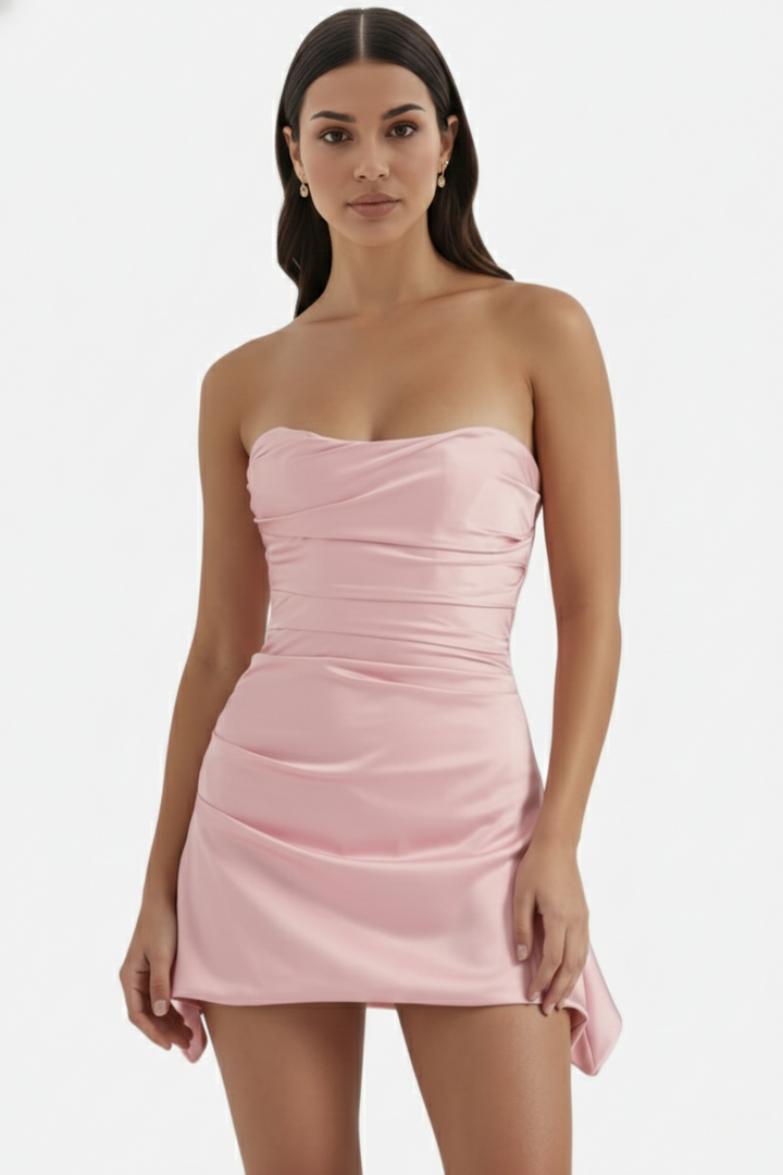 Party Dress Strapless Ruched Draped Mini with Asymmetric Hem