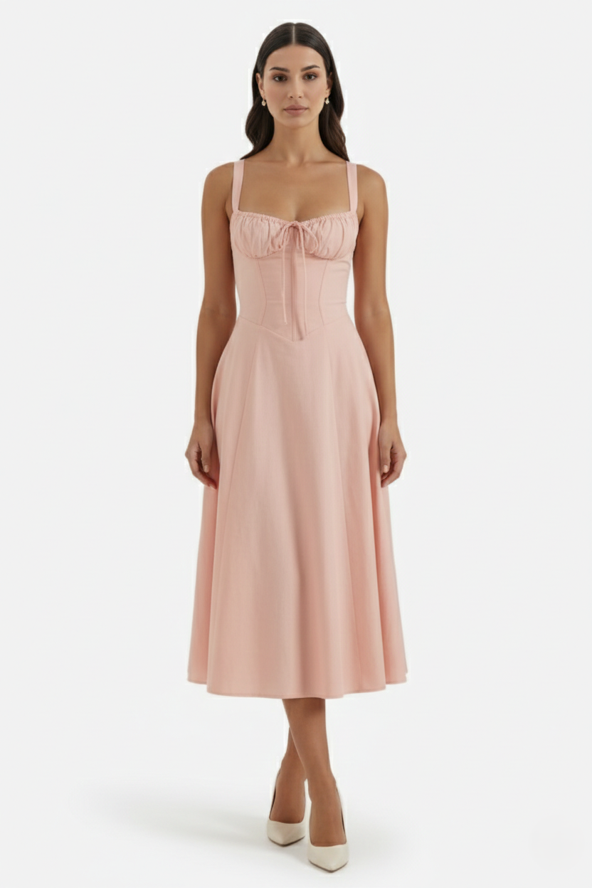 Summer Midi Dress Ruched Bust Tie Lace Up Back