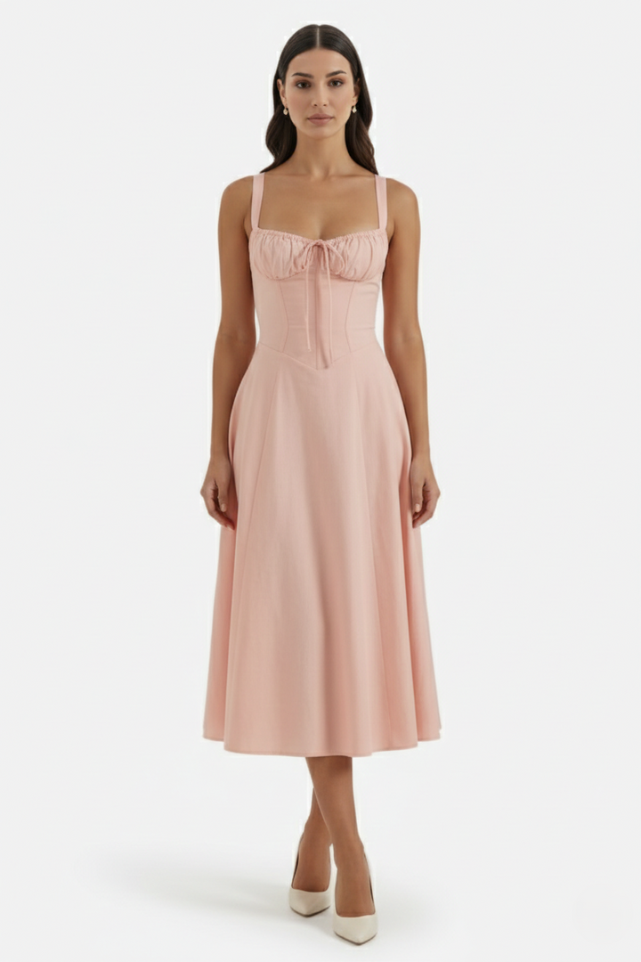 Summer Midi Dress Ruched Bust Tie Lace Up Back