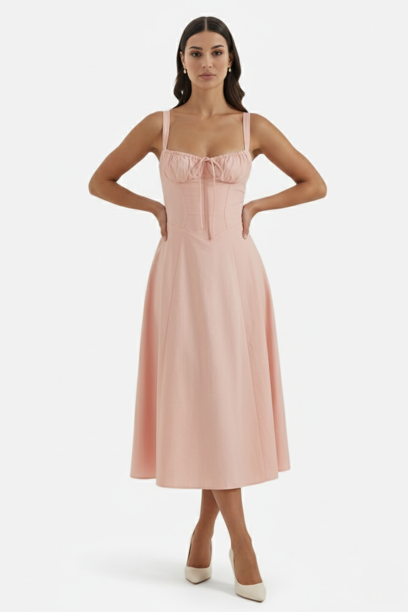 Summer Midi Dress Ruched Bust Tie Lace Up Back