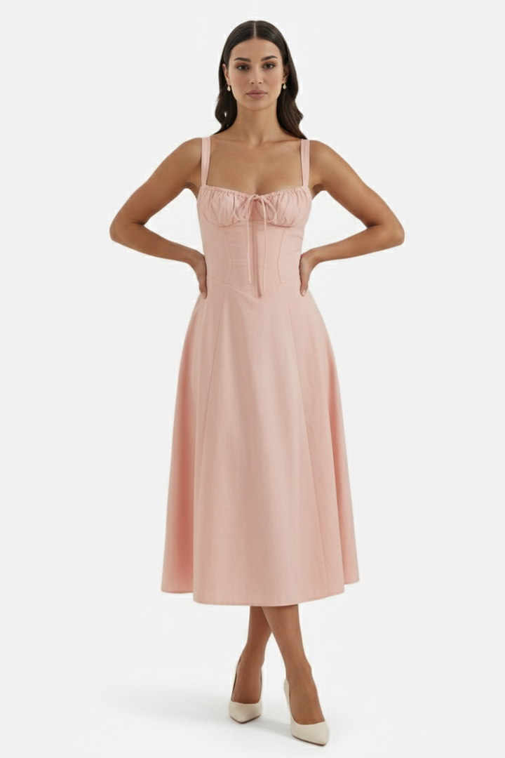 Summer Midi Dress Ruched Bust Tie Lace Up Back