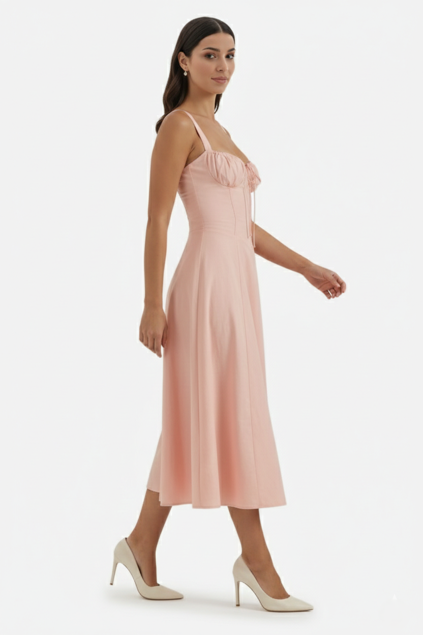 Summer Midi Dress Ruched Bust Tie Lace Up Back
