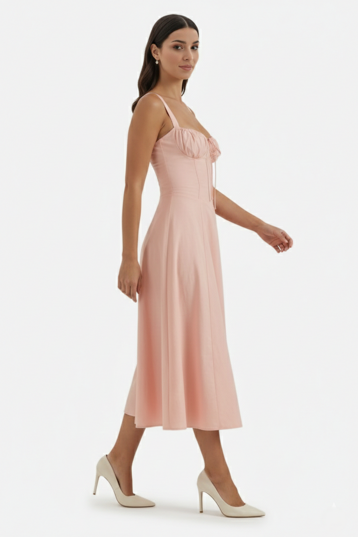 Summer Midi Dress Ruched Bust Tie Lace Up Back