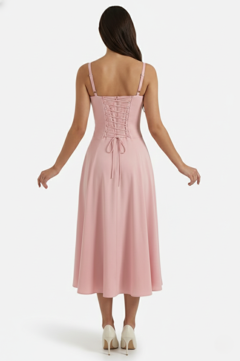 Summer Midi Dress Ruched Bust Tie Lace Up Back