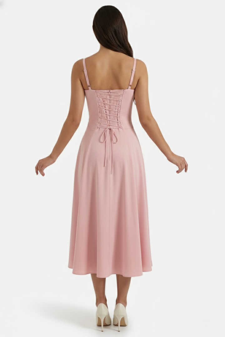 Summer Midi Dress Ruched Bust Tie Lace Up Back