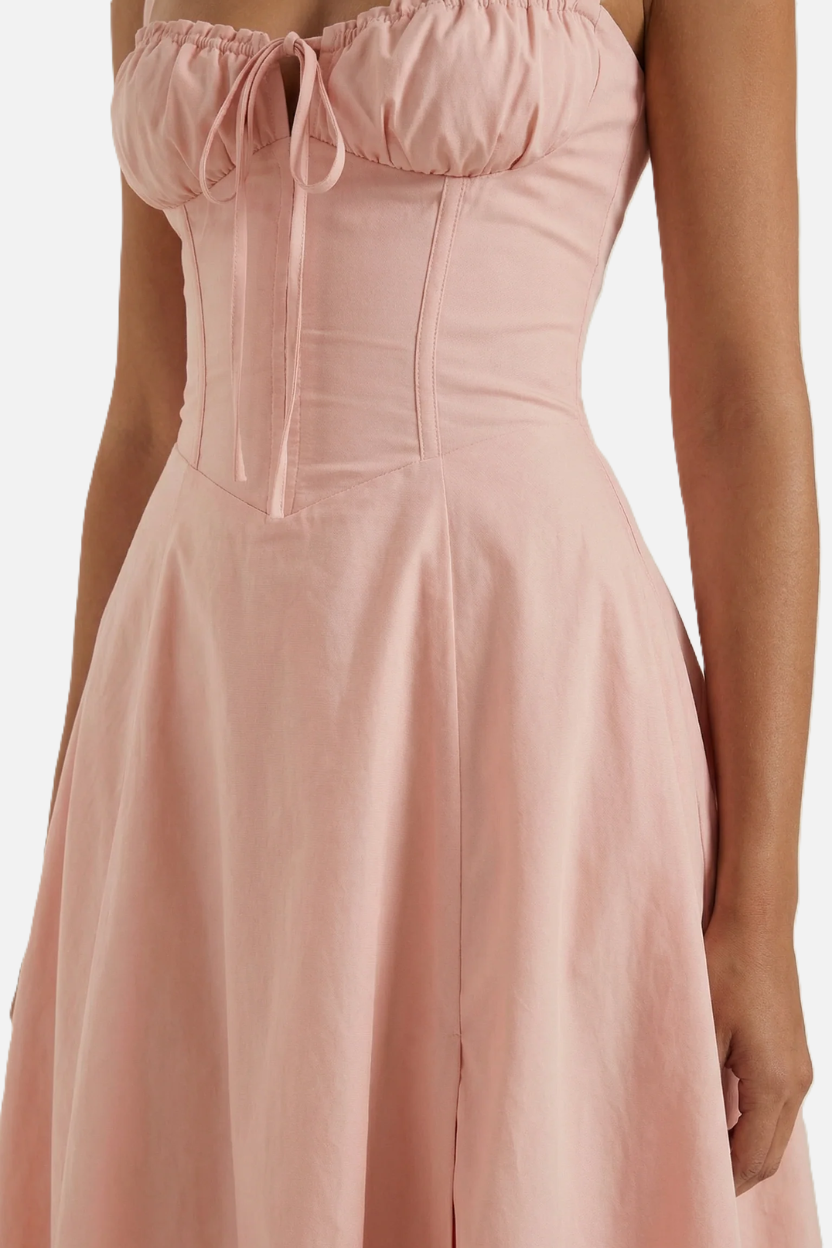 Summer Midi Dress Ruched Bust Tie Lace Up Back