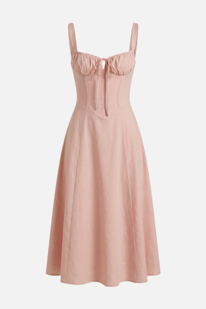 Summer Midi Dress Ruched Bust Tie Lace Up Back