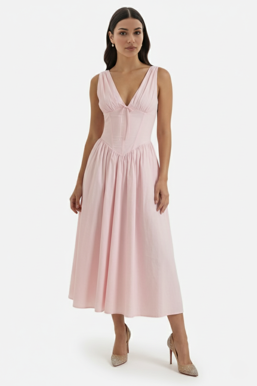 Summer Dress V Neck Fit and Flare Corset Waist