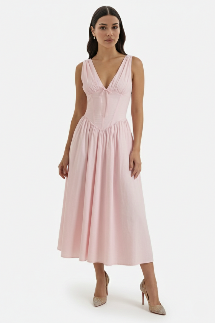 Summer Dress V Neck Fit and Flare Corset Waist