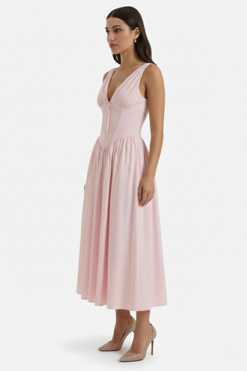 Summer Dress V Neck Fit and Flare Corset Waist