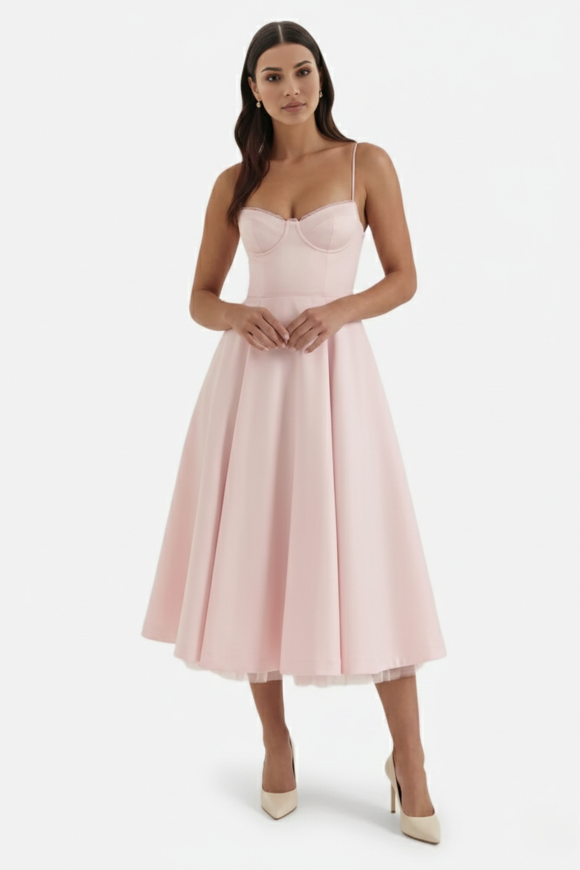 Sweetheart Bustier Midi Dress with Full Circle Skirt and Tulle Hem