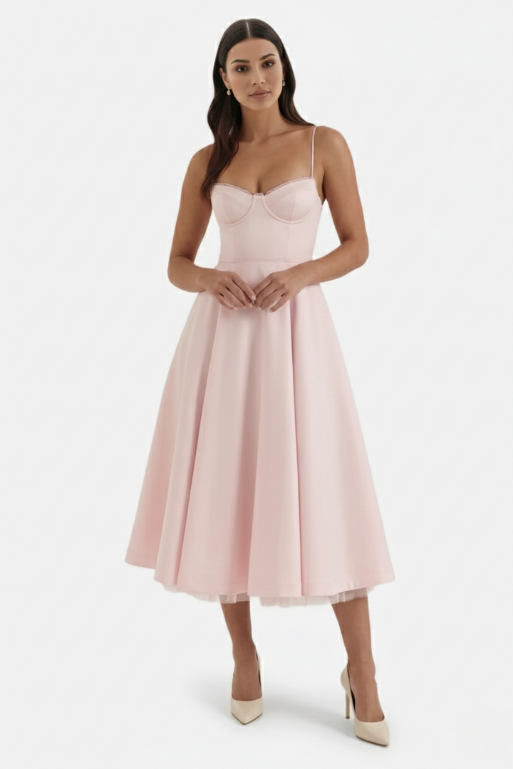 Sweetheart Bustier Midi Dress with Full Circle Skirt and Tulle Hem