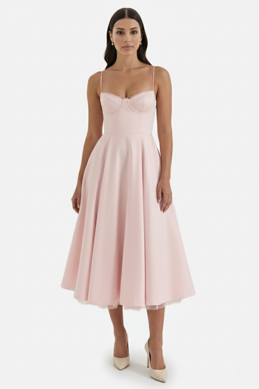 Sweetheart Bustier Midi Dress with Full Circle Skirt and Tulle Hem