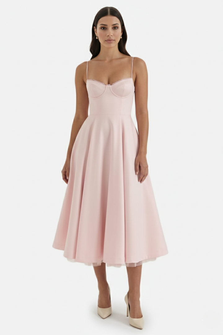 Sweetheart Bustier Midi Dress with Full Circle Skirt and Tulle Hem
