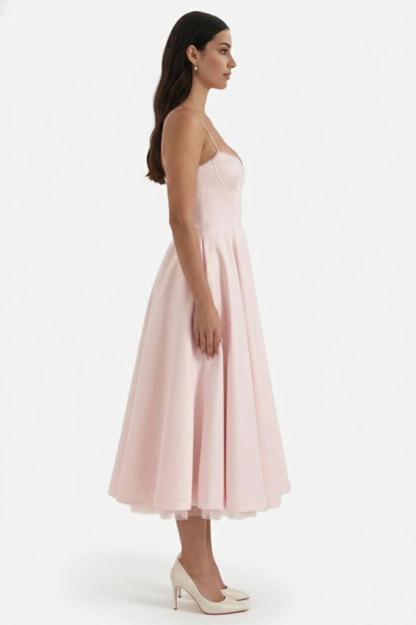 Sweetheart Bustier Midi Dress with Full Circle Skirt and Tulle Hem