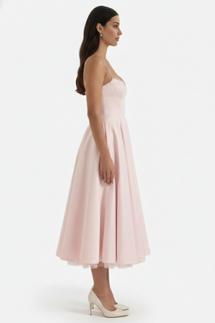 Sweetheart Bustier Midi Dress with Full Circle Skirt and Tulle Hem