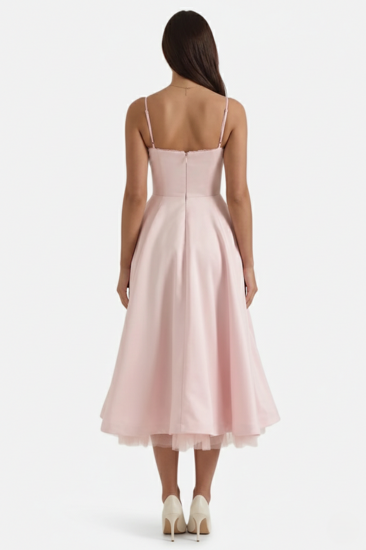 Sweetheart Bustier Midi Dress with Full Circle Skirt and Tulle Hem