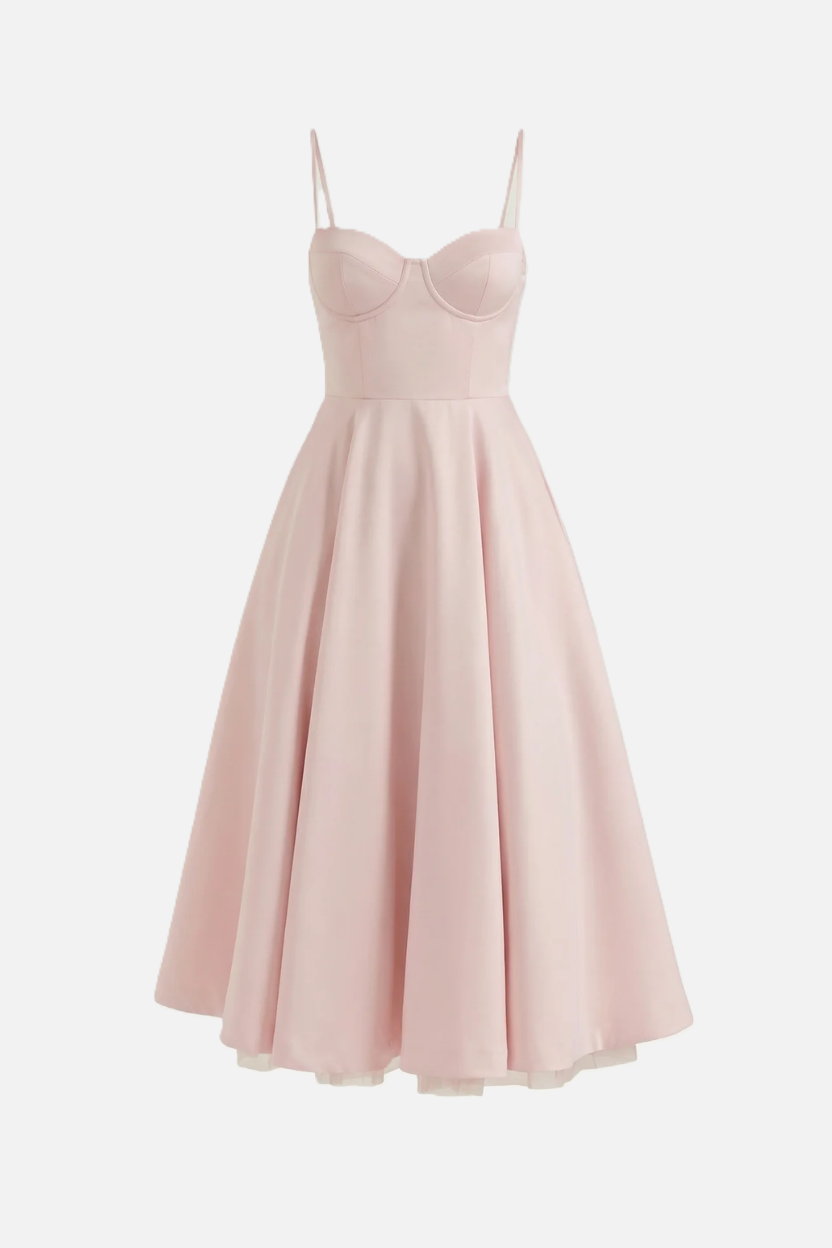 Sweetheart Bustier Midi Dress with Full Circle Skirt and Tulle Hem