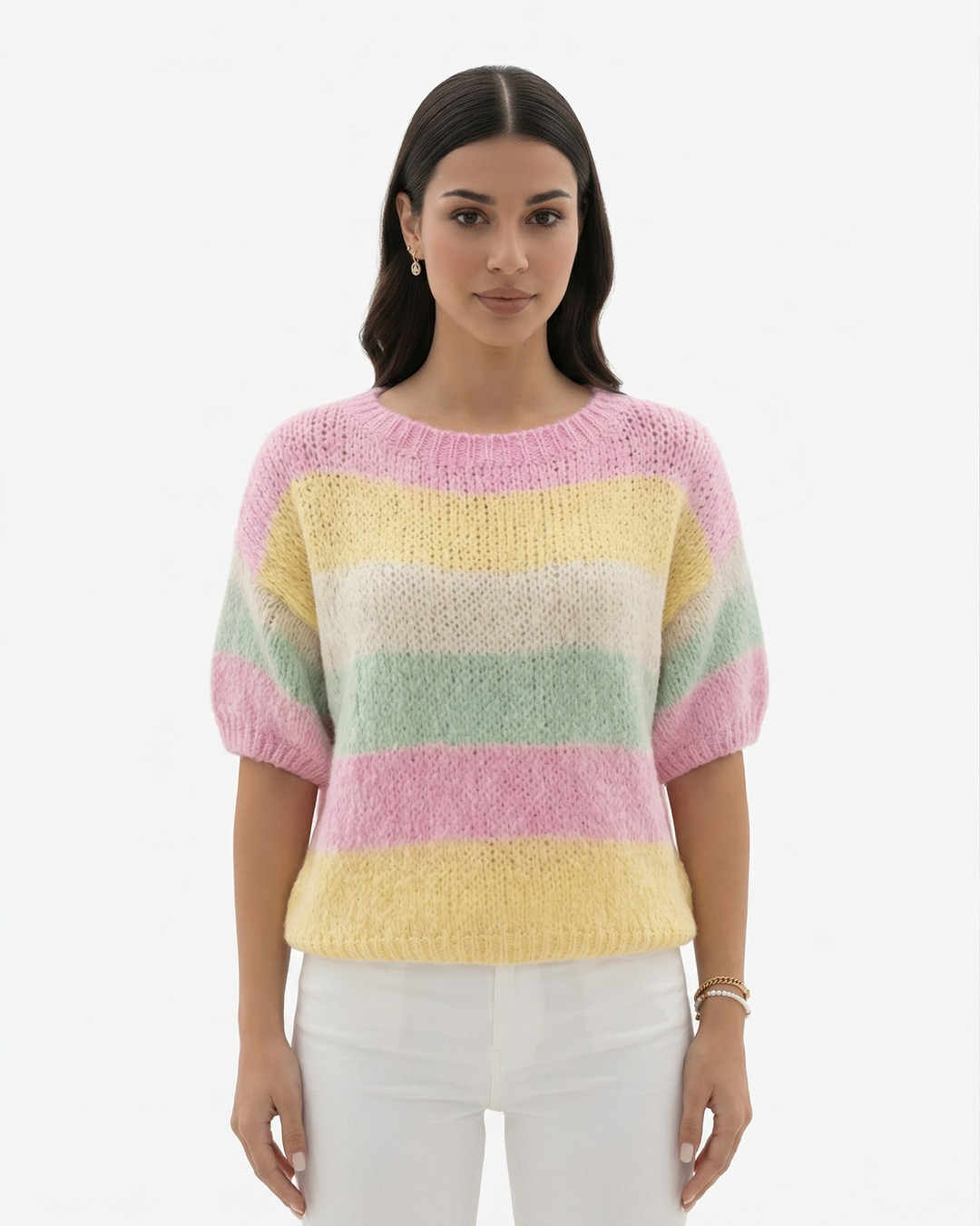 Striped Knit Sweater Pullover Crew Neck