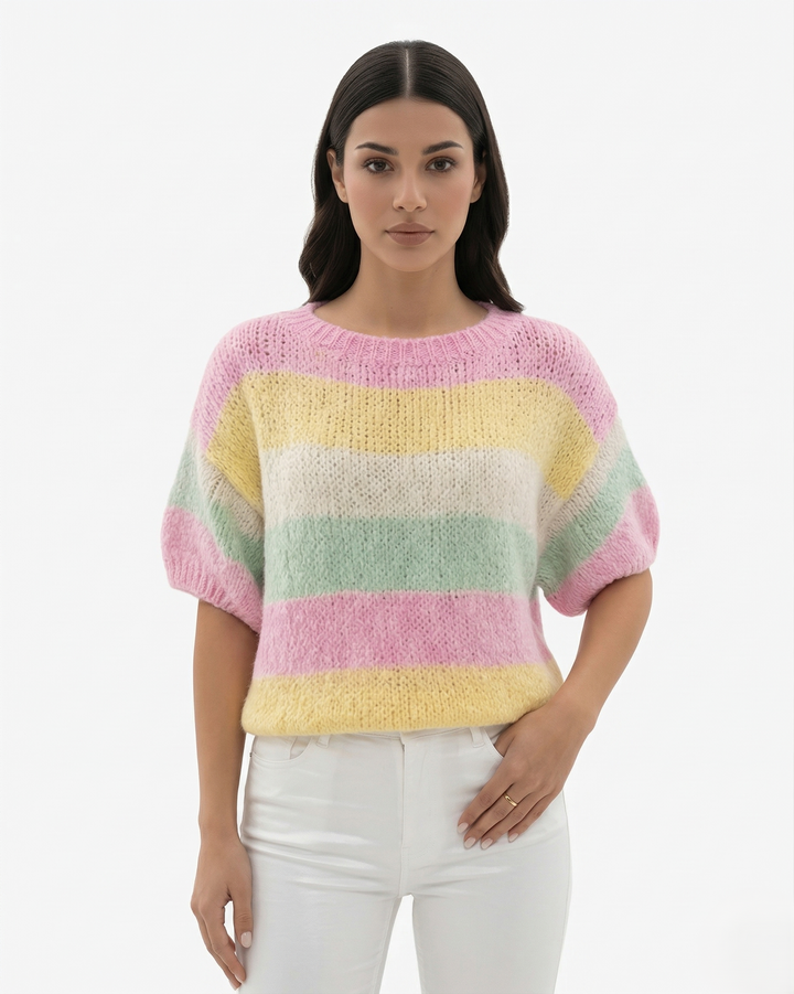 Striped Knit Sweater Pullover Crew Neck