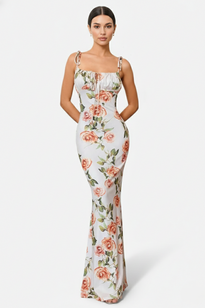 Floral Spaghetti Strap Bodycon Mermaid Maxi Dress Ruched Bodice