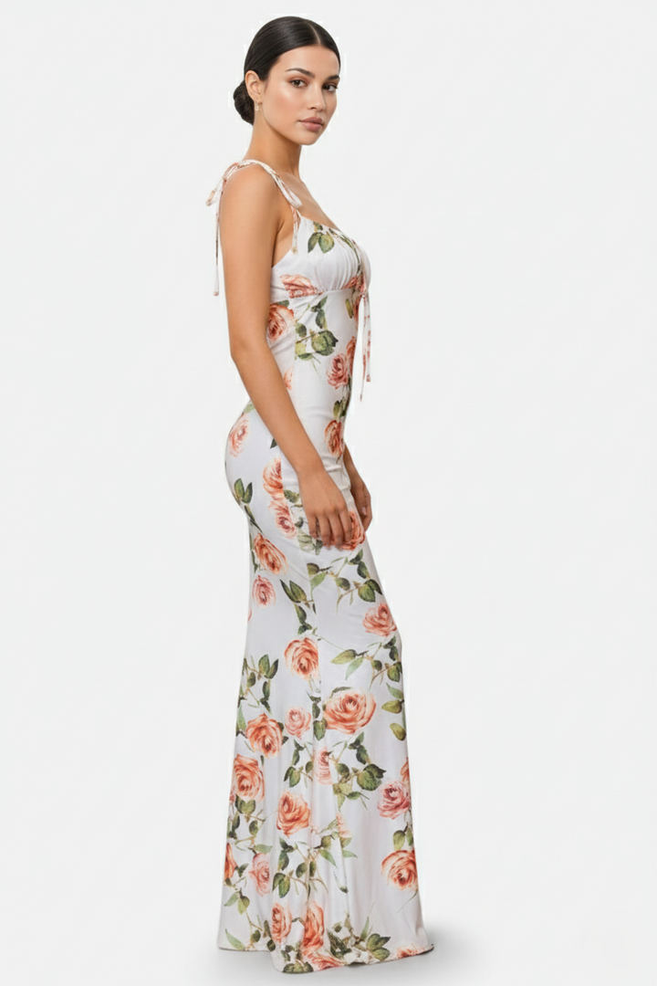 Floral Spaghetti Strap Bodycon Mermaid Maxi Dress Ruched Bodice