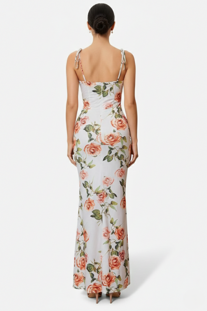 Floral Spaghetti Strap Bodycon Mermaid Maxi Dress Ruched Bodice