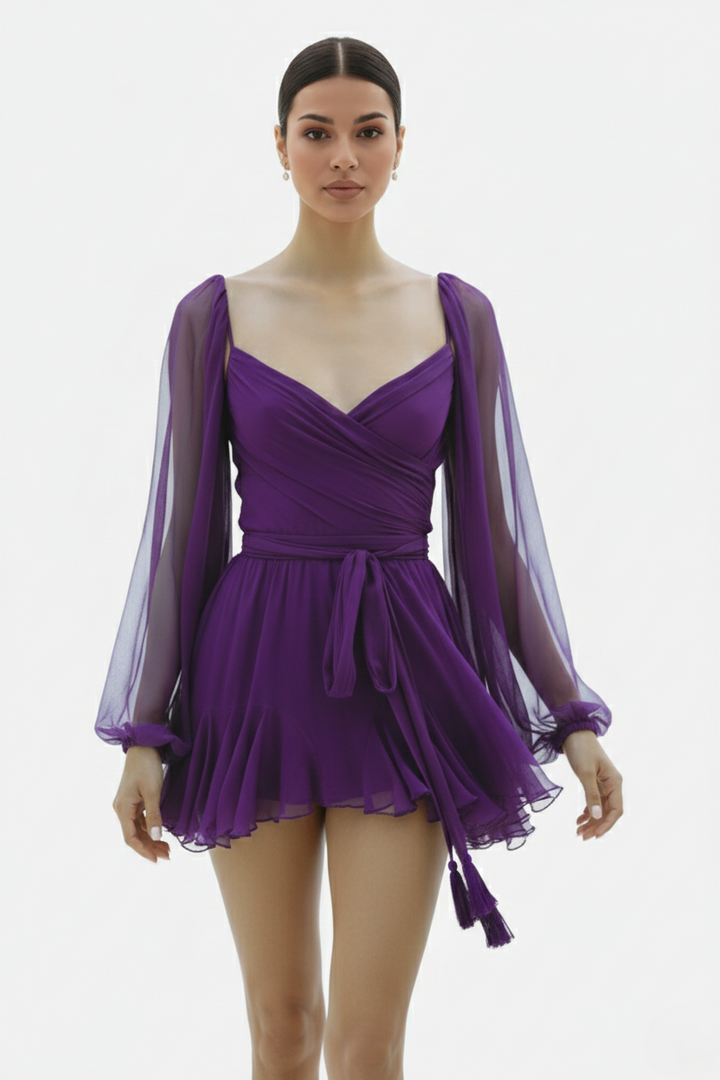 Chiffon Puff Sleeve Lace-Up Back Ruffle Mini Dress