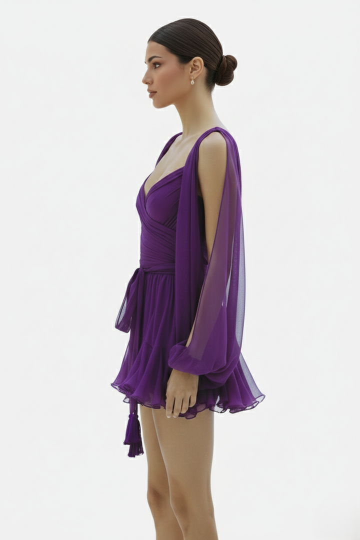 Chiffon Puff Sleeve Lace-Up Back Ruffle Mini Dress