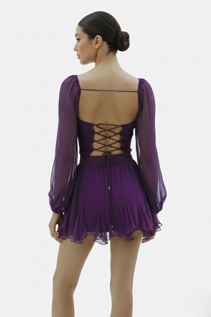 Chiffon Puff Sleeve Lace-Up Back Ruffle Mini Dress