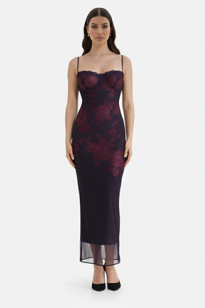 Lace Trim Fitted Maxi Dress with Spaghetti Straps