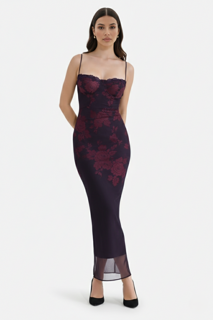 Lace Trim Fitted Maxi Dress with Spaghetti Straps