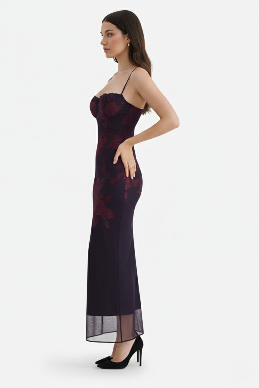 Lace Trim Fitted Maxi Dress with Spaghetti Straps