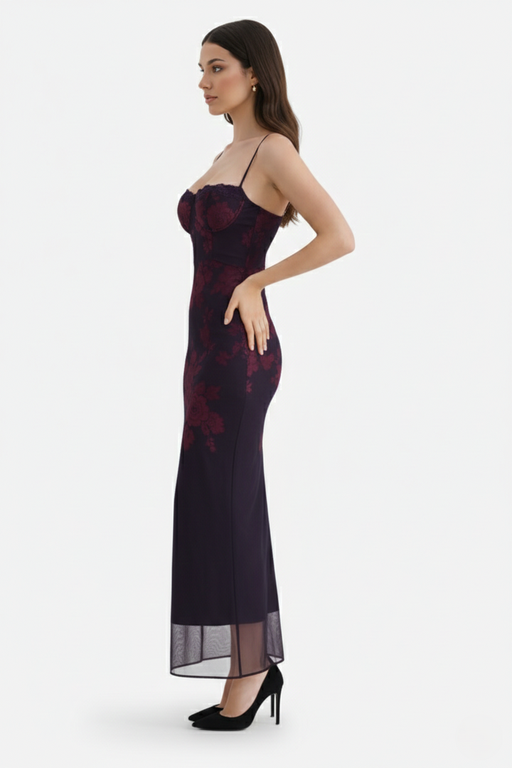 Lace Trim Fitted Maxi Dress with Spaghetti Straps