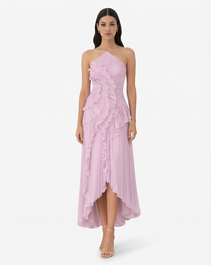 Pleated Ruffle Halter Neck Maxi Dress Asymmetrical Hem