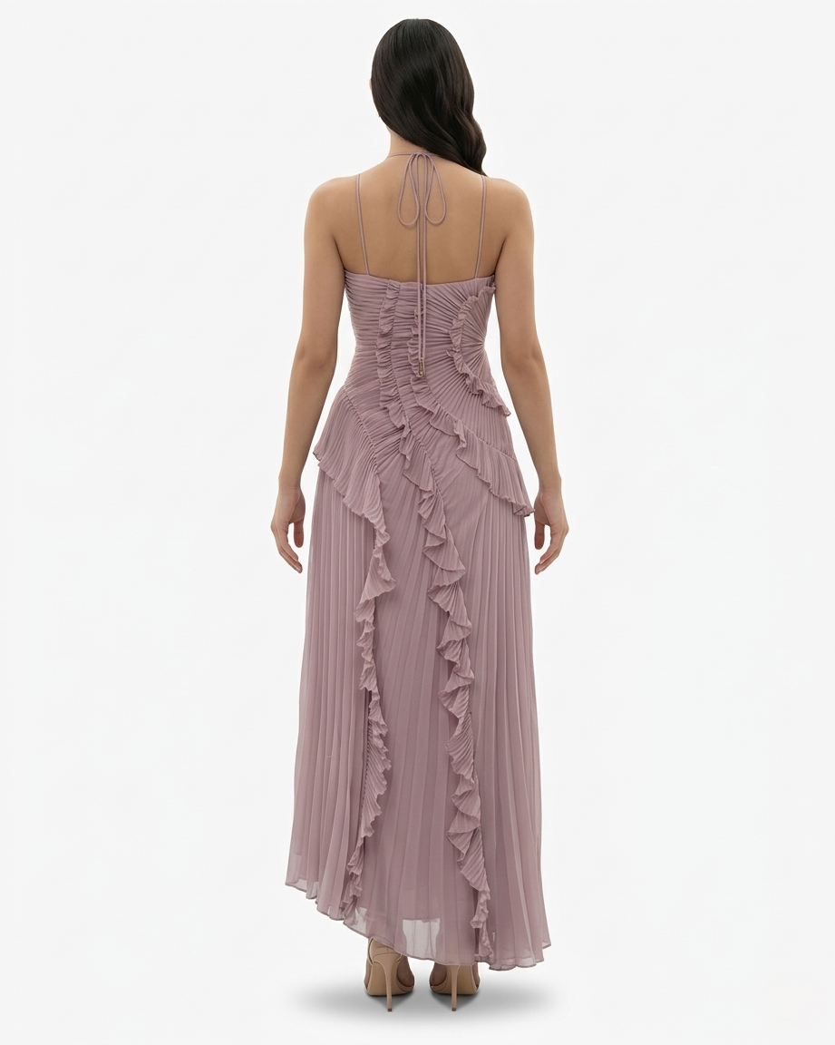 Pleated Ruffle Halter Neck Maxi Dress Asymmetrical Hem