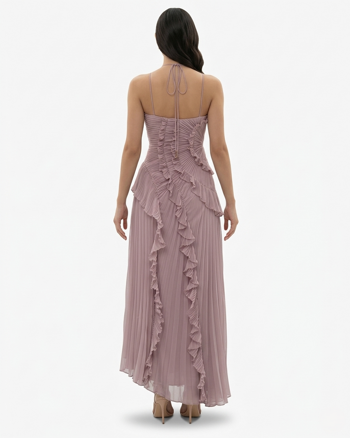 Pleated Ruffle Halter Neck Maxi Dress Asymmetrical Hem