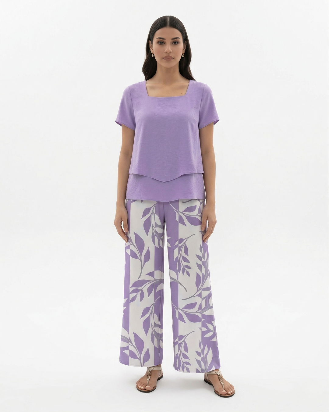 Two Piece Set Short Sleeve Top and Wide Leg Printed Pants