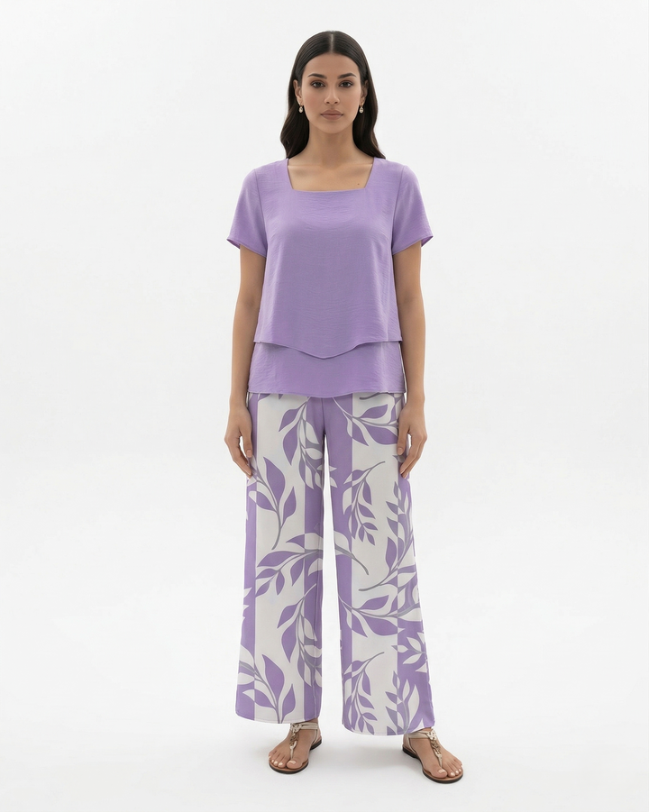 Two Piece Set Short Sleeve Top and Wide Leg Printed Pants