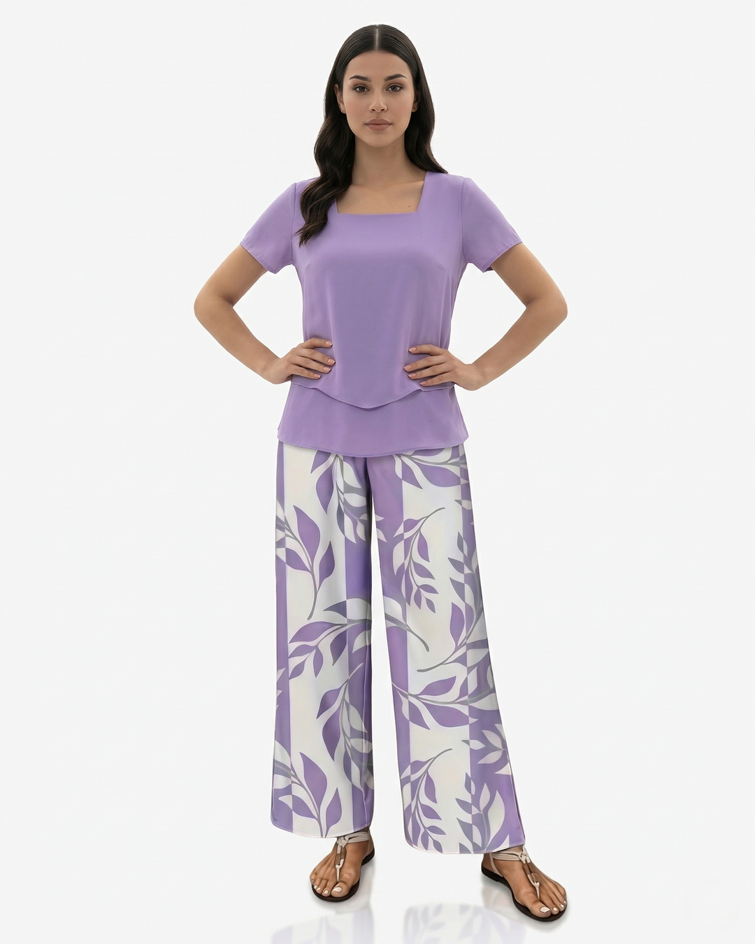 Two Piece Set Short Sleeve Top and Wide Leg Printed Pants