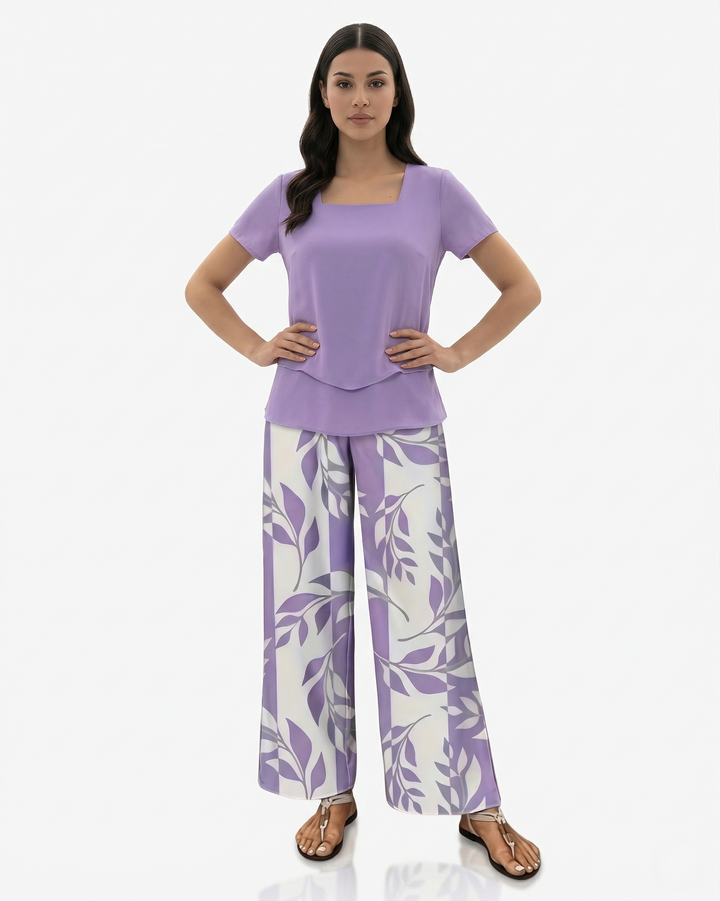 Two Piece Set Short Sleeve Top and Wide Leg Printed Pants